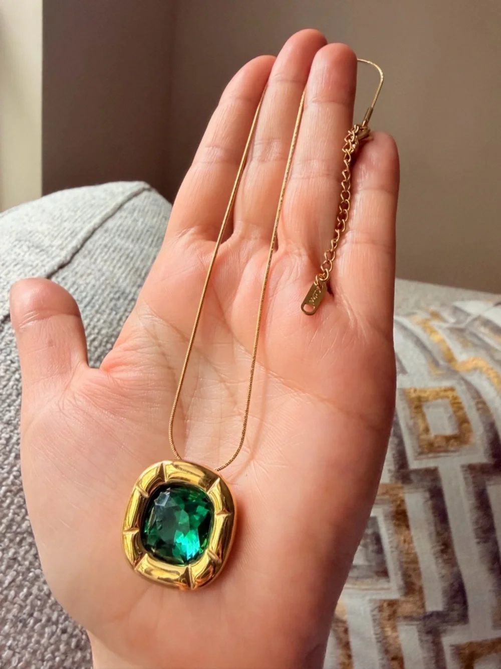 Gold Pendant Necklace with Green Gemstone